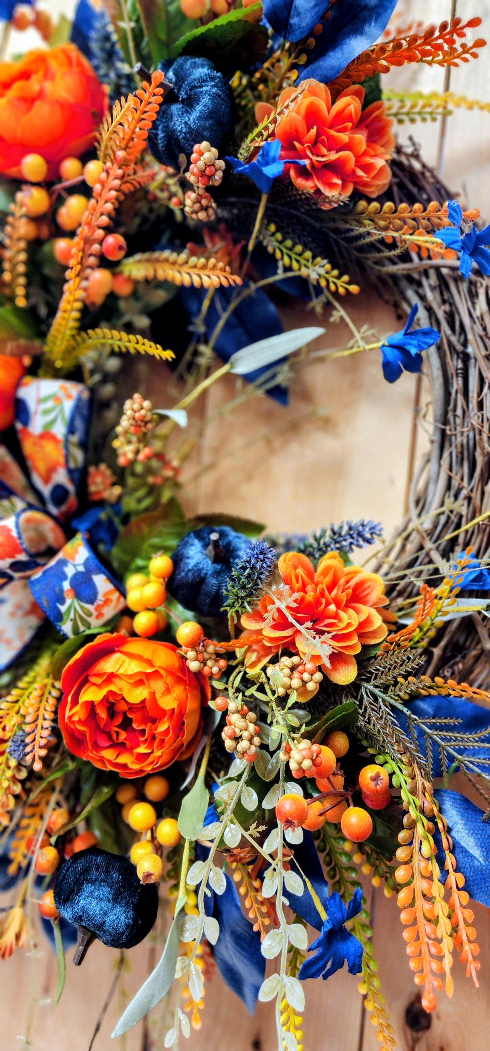 Blue & Orange Fall Floral Grapevine Wreath