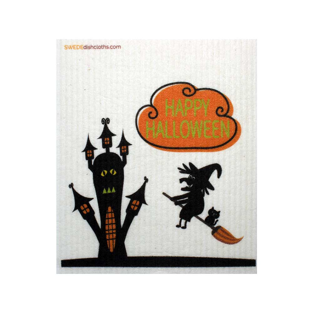 Halloween Witch on Broom Swedish Dishcloth