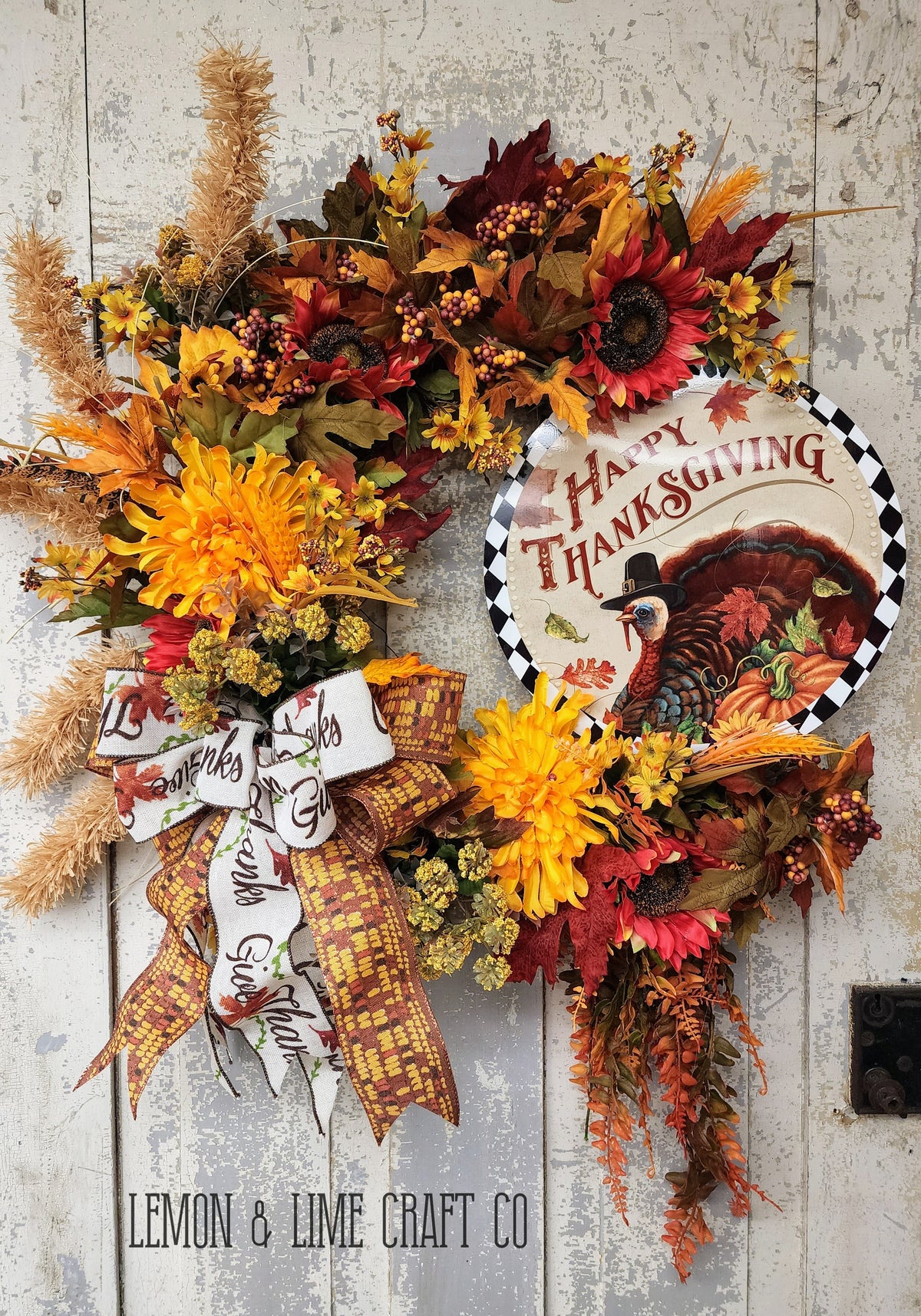 Happy Thanksgiving Turkey Floral Grapevine Wreath