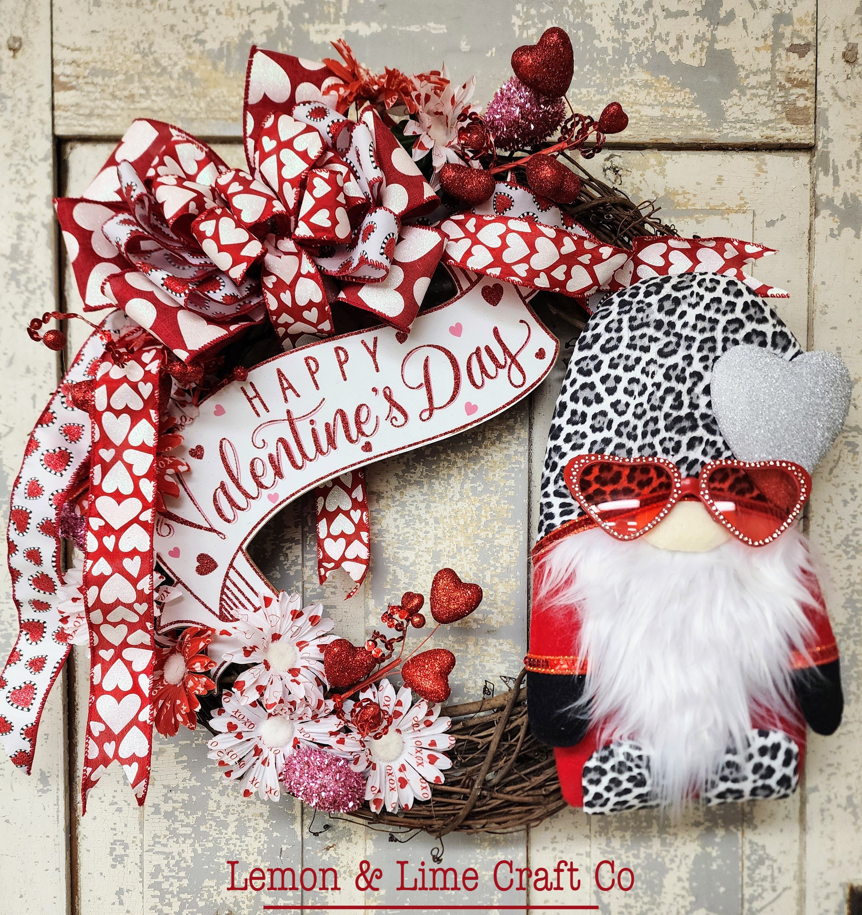 Valentine Leopard Gnome Grapevine Wreath