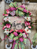 Spring Bicycle Floral Grapevine Wreath with Double Bows