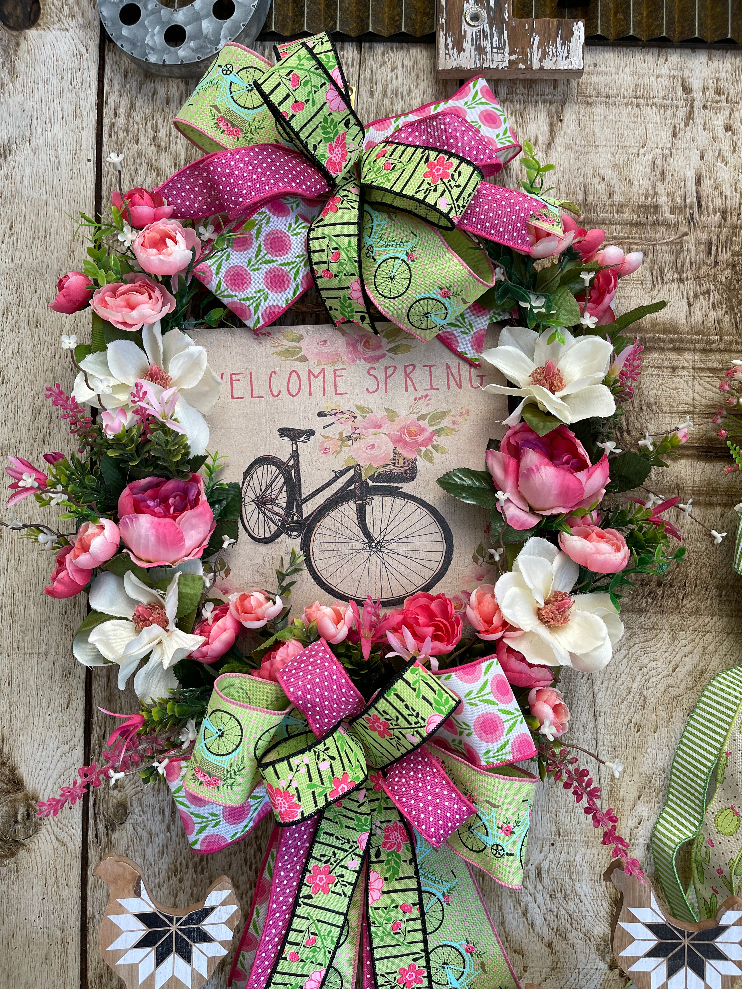 Spring Bicycle Floral Grapevine Wreath with Double Bows