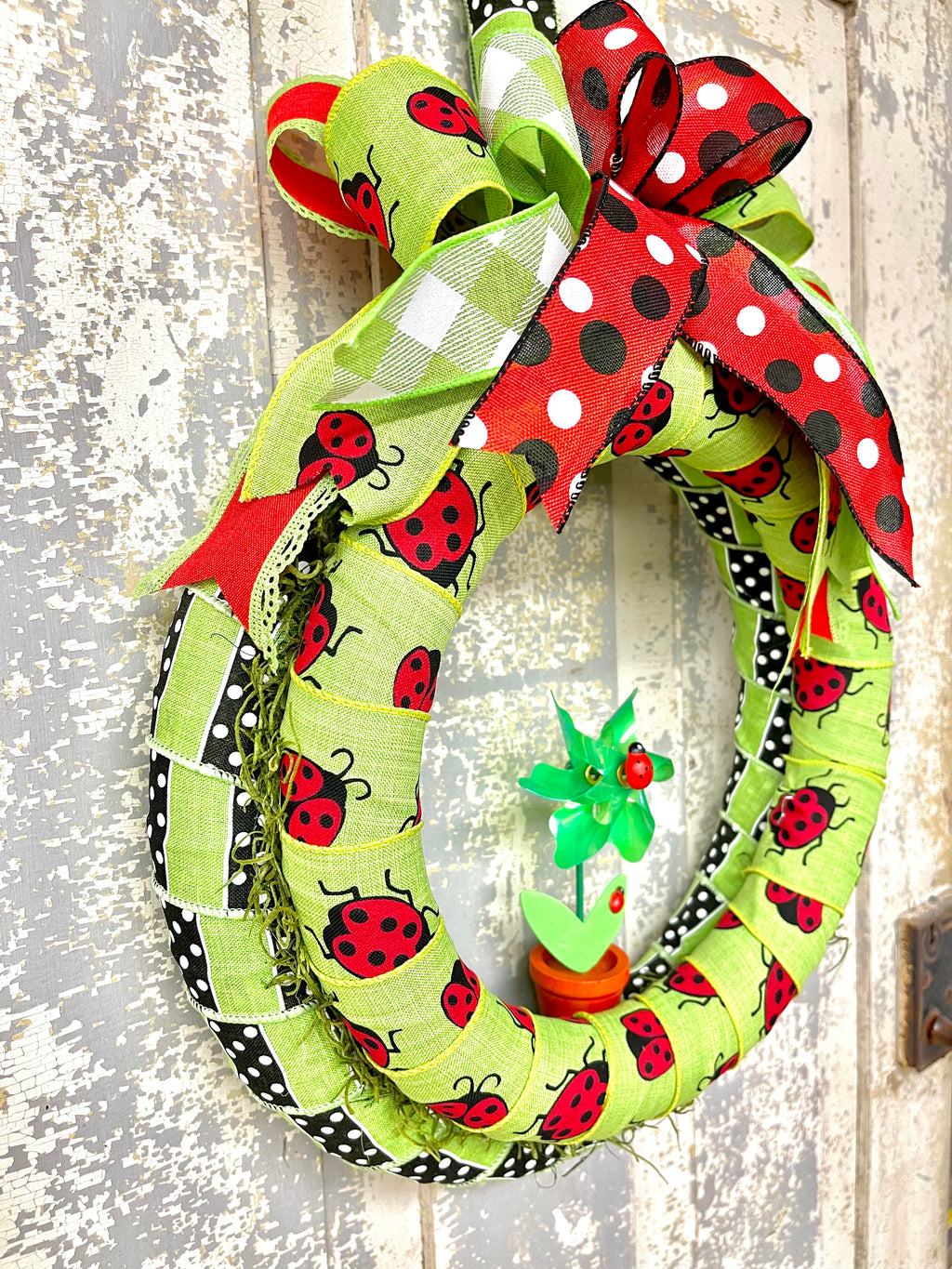 Ladybug Ribbon Wrapped Wreath