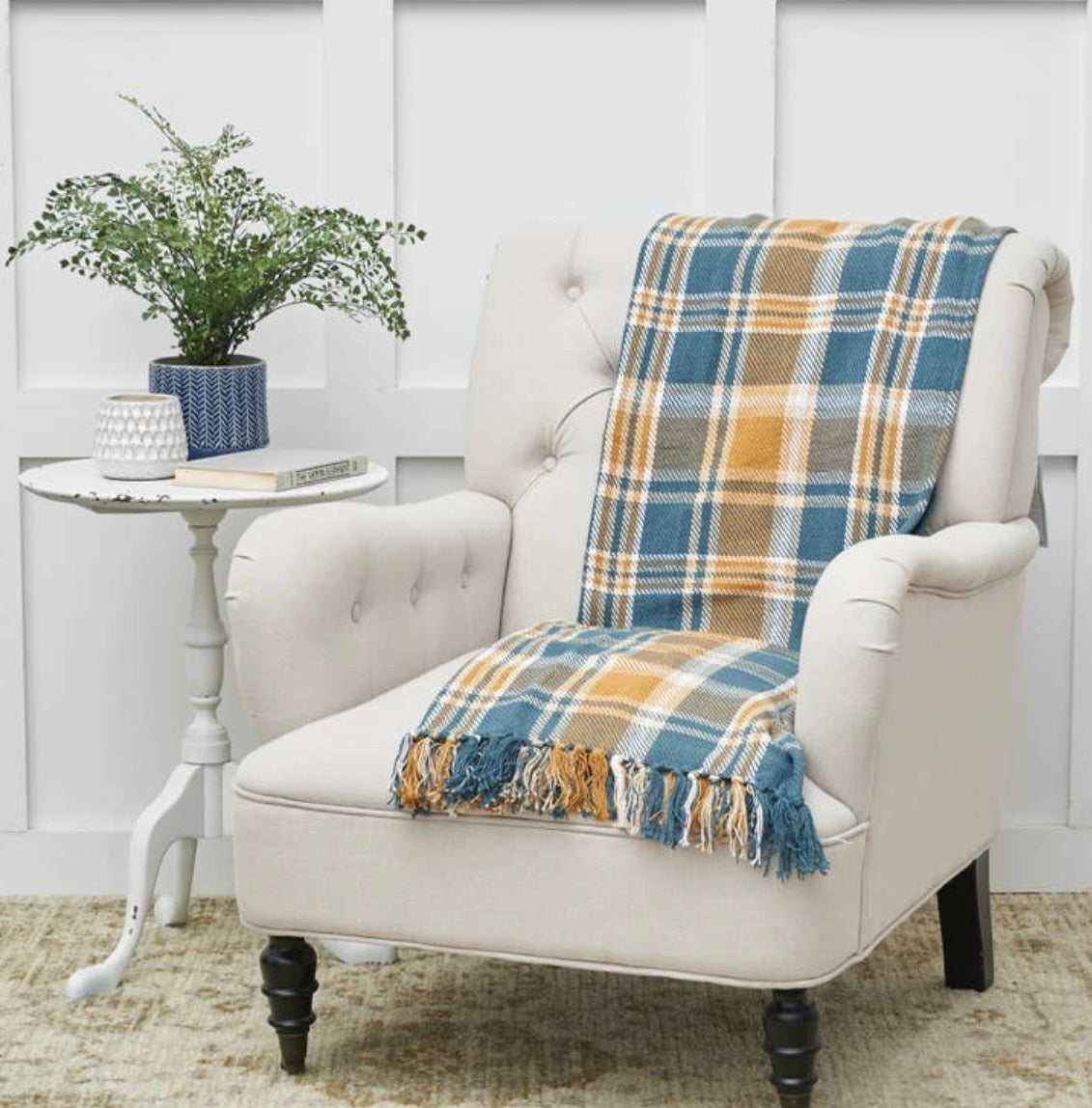 Blue Gold Plaid Throw